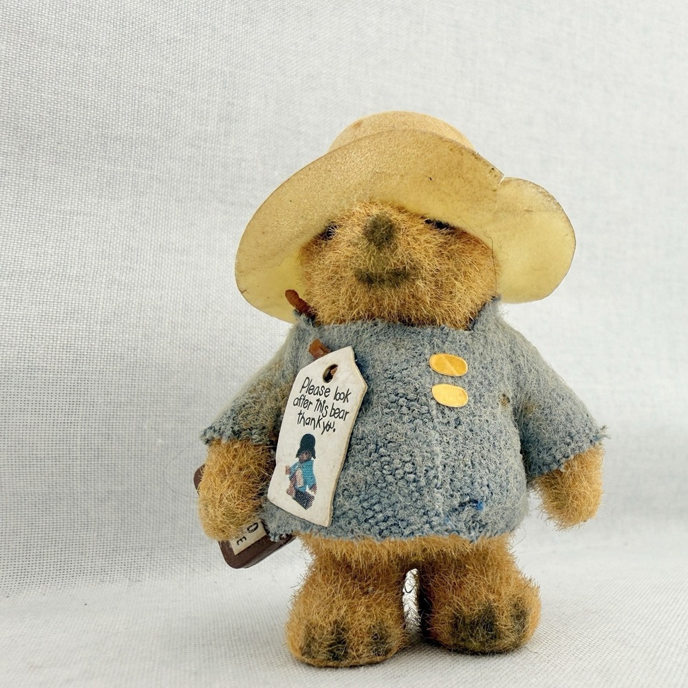 Vintage Mini Eden Paddington Bear Blue Coat Yellow Hat 2.5" Flocked Hong Kong